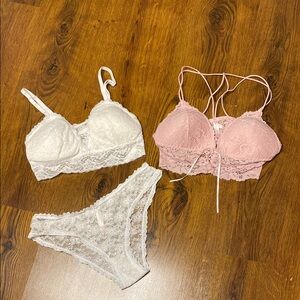🌹 White Stretch Floral Lace Bralette Panty Set & Pink Lace Bralette 🌹 3 PC Incl